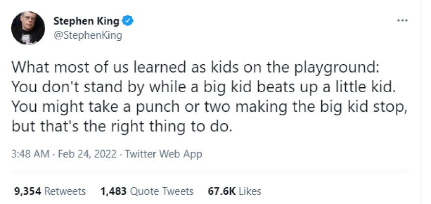 Ο Στίβεν Κινγκ για την εισβολή στην Ουκρανία: «Δεν στέκεσαι δίπλα, όταν ένα μεγάλο παιδί σπάει στο ξύλο ένα μικρό»