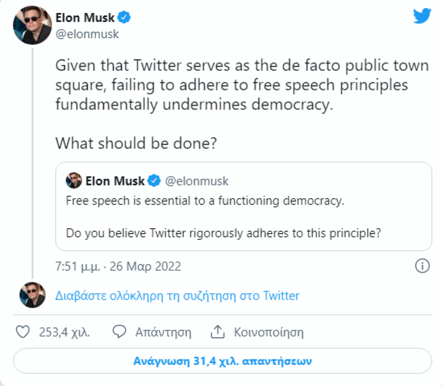 Ο Ελον Μασκ αγόρασε το 9,2% του Twitter καταβάλλοντας 2,8 δισ. δολάρια