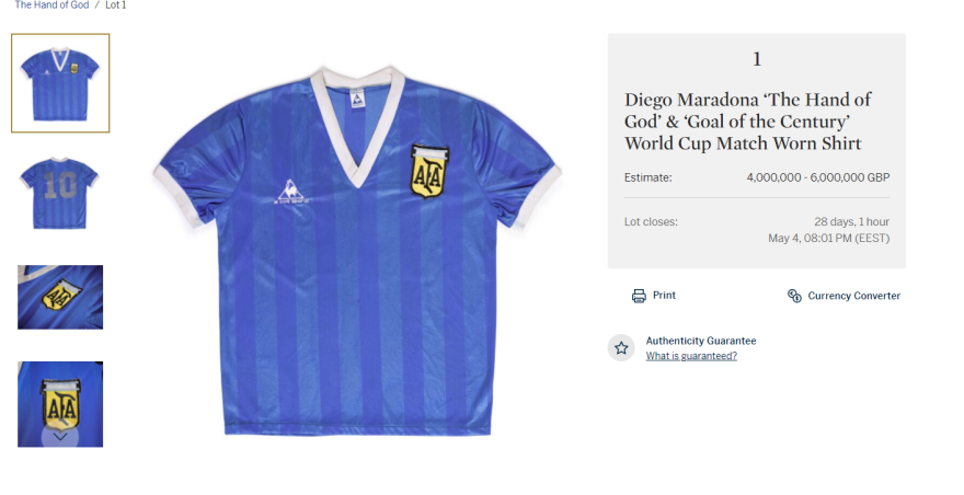 Δημοπρασία με τιμή εκκίνησης τα 5 εκατ. ευρώ για την φανέλα που φορούσε ο Μαραντόνα όταν πέτυχε γκολ με το «Χέρι του Θεού»