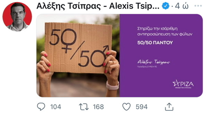 Τσίπρας: «50/50 παντού» στην εκπροσώπηση των φύλων