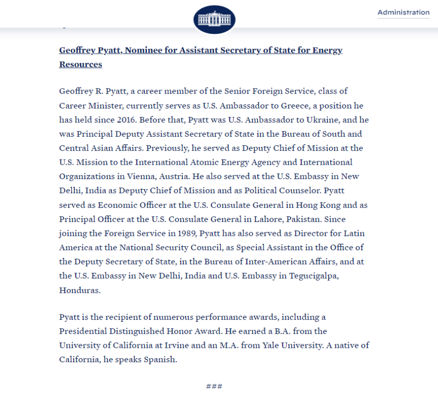 Ο Μπάιντεν πρότεινε τον Τζέφρι Πάιατ για τη θέση του υφυπουργού Εξωτερικών για θέματα ενέργειας