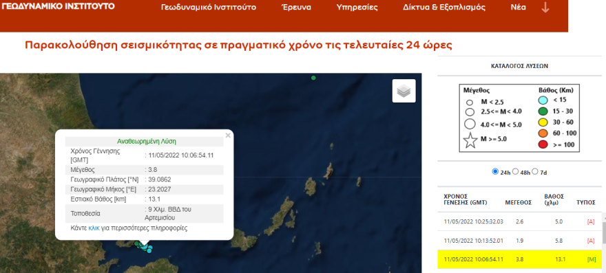 Σεισμός τώρα 3,8 Ρίχτερ στο Αρτεμίσιο Ευβοίας