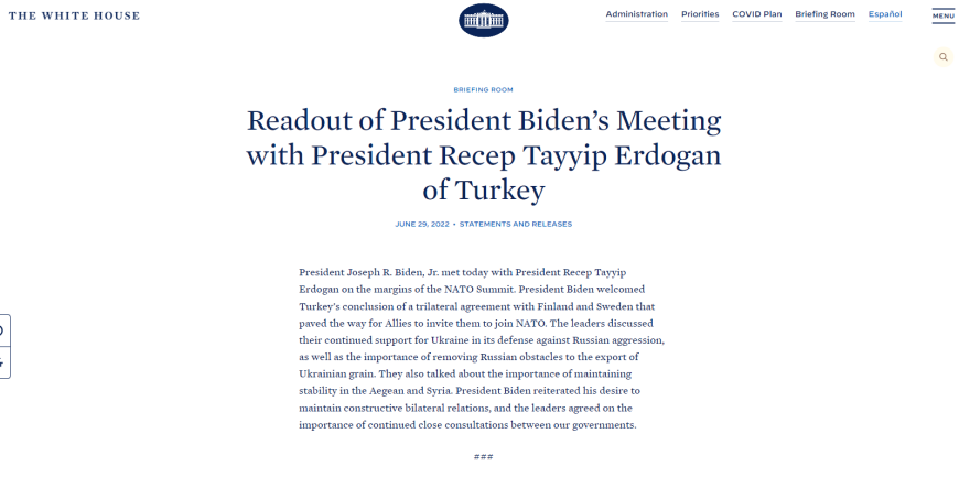 Μαδρίτη: Μήνυμα Μπάιντεν σε Ερντογάν για διατήρηση της σταθερότητας στο Αιγαίο