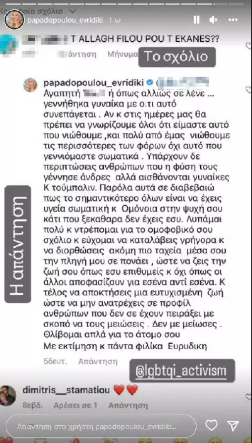  Ευρυδίκη Παπαδοπούλου: Η απάντησή της σε ομοφοβικό σχόλιο που δέχτηκε