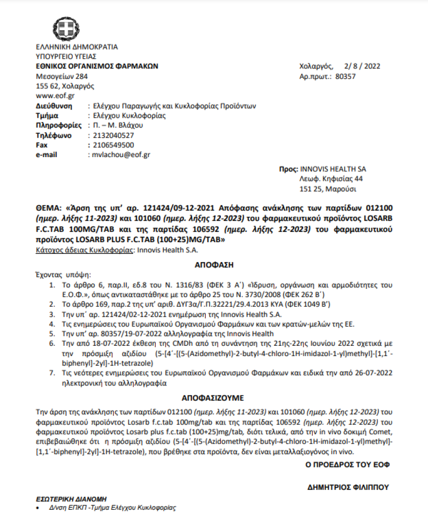 Ο ΕΟΦ ανακαλεί την... ανάκληση παρτίδων χαπιού για την πίεση