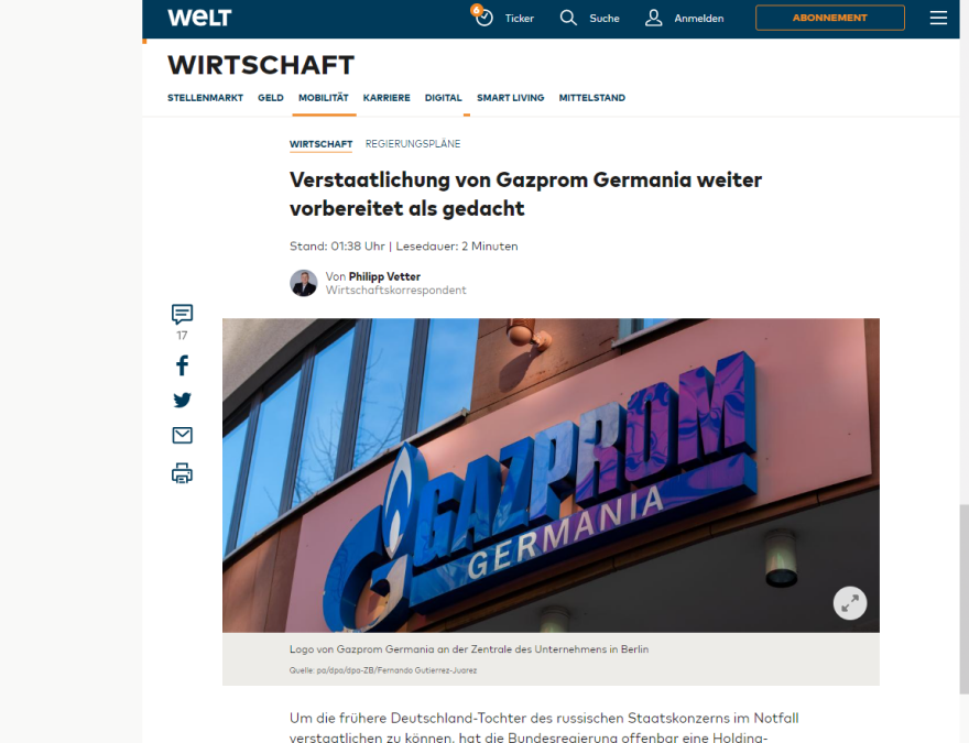 Η Γερμανία ετοιμάζεται να εθνικοποιήσει την Gazprom Germania