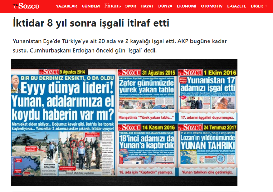 Τουρκία: Εφημερίδα εγκαλεί τον Ερντογάν για την κατοχή 20 «τουρκικών» νησιών από την Ελλάδα