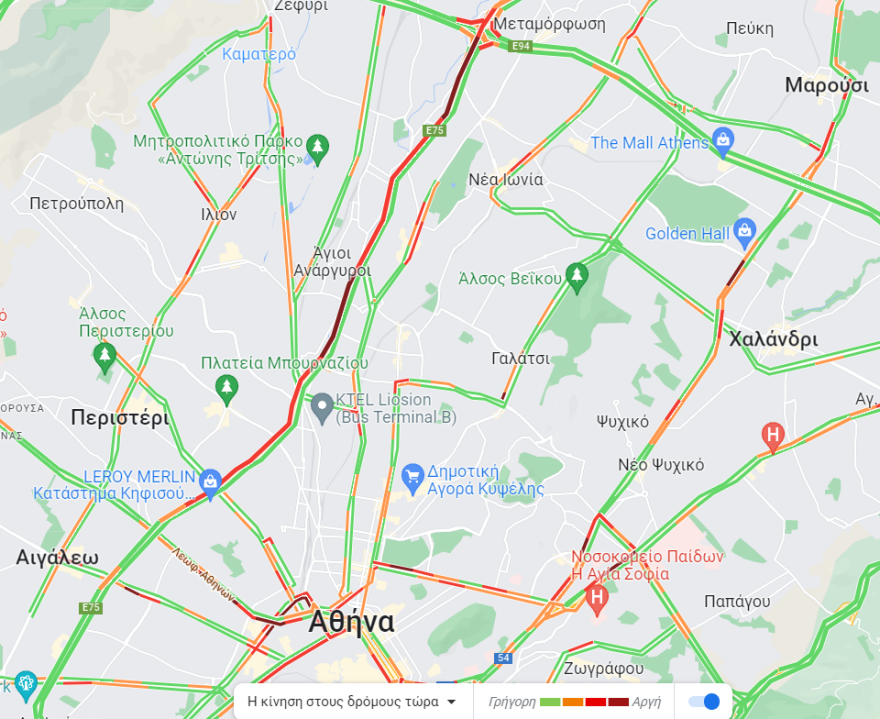 Κίνηση τώρα: Στο «κόκκινο» οι δρόμοι λόγω της 24ωρης απεργίας σε μετρό, ΗΣΑΠ λεωφορεία, τραμ