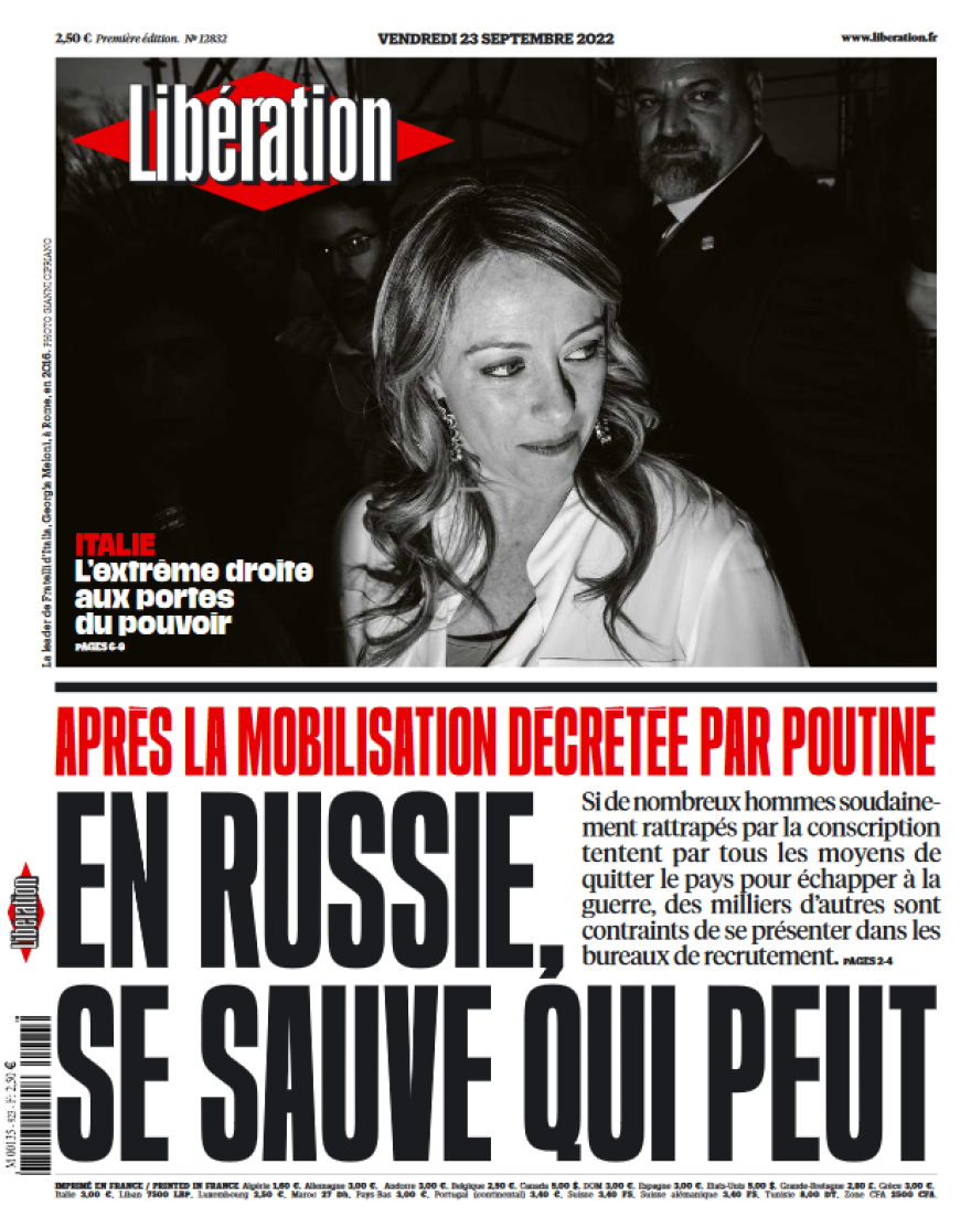 Iταλία: «Οι μεταφασίστες προ των πυλών στην εξουσία», γράφει η Liberation στο πρωτοσέλιδό της