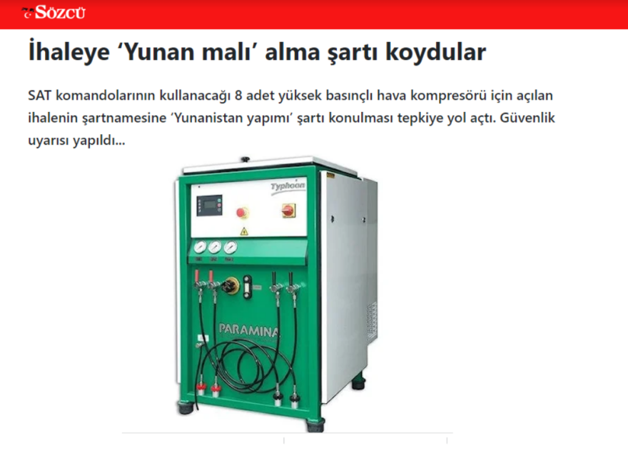 Sozcu: Αγοράζουμε αεροσυμπιεστές… «Made in Greece»