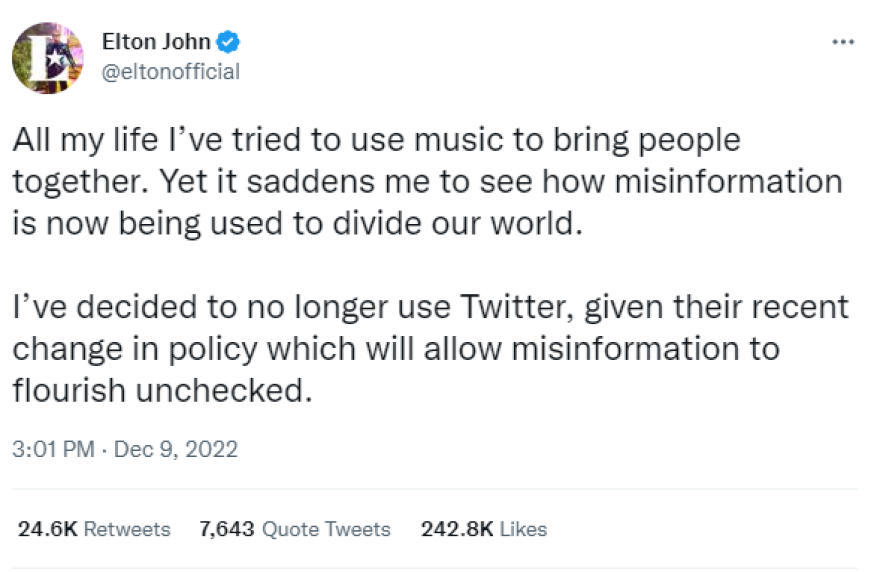 Έλτον Τζον: Αποχωρεί από το Twitter - «Η αλλαγή πολιτικής θα επιτρέψει στην παραπληροφόρηση να ανθίσει»