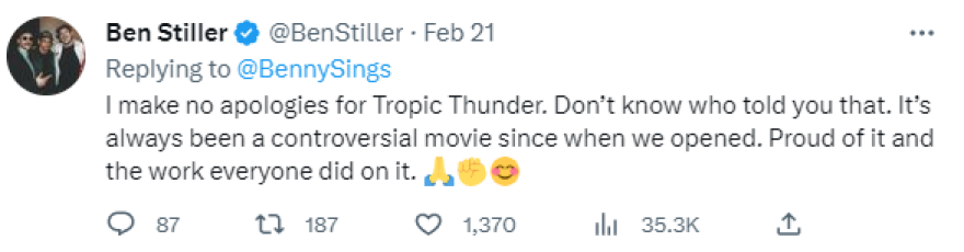 Μπεν Στίλερ για το αμφιλεγόμενο «Tropic Thunder»: Είμαι υπερήφανος για την ταινία