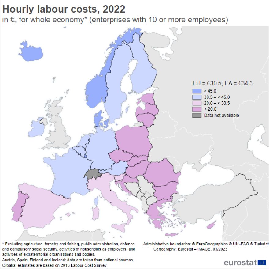 Eurostat: Από 8 έως 51 ευρώ το μέσο ωριαίο κόστος εργασίας στην ΕΕ το 2022 - Πόσο είναι στην Ελλάδα