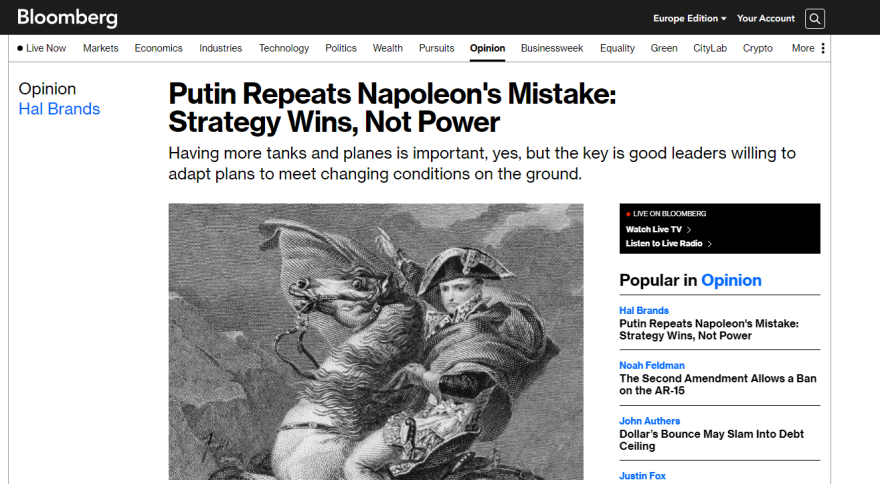 Πόλεμος στην Ουκρανία - Bloomberg: Ο Πούτιν κάνει τα ίδια λάθη με τον Ναπολέοντα