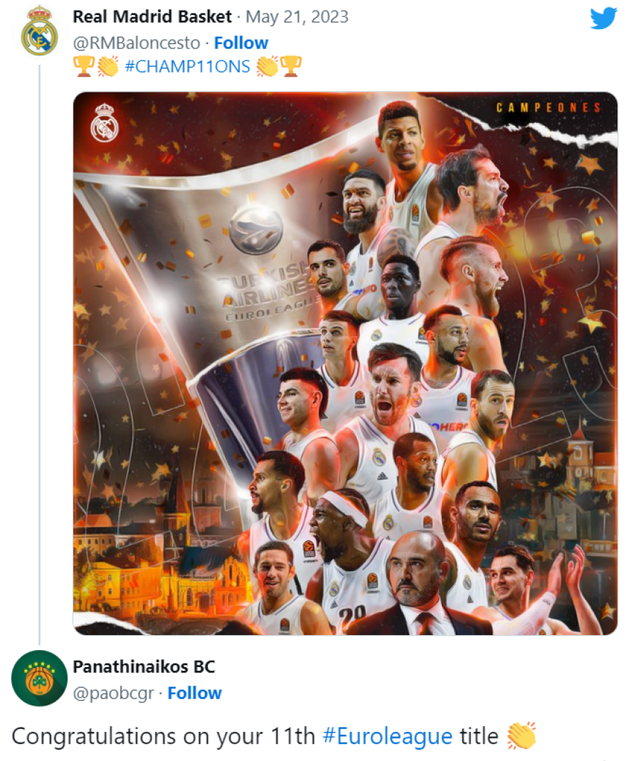 Παναθηναϊκός: Συγχαρητήρια στη Ρεάλ για την κατάκτηση της Euroleague κόντρα στον Ολυμπιακό