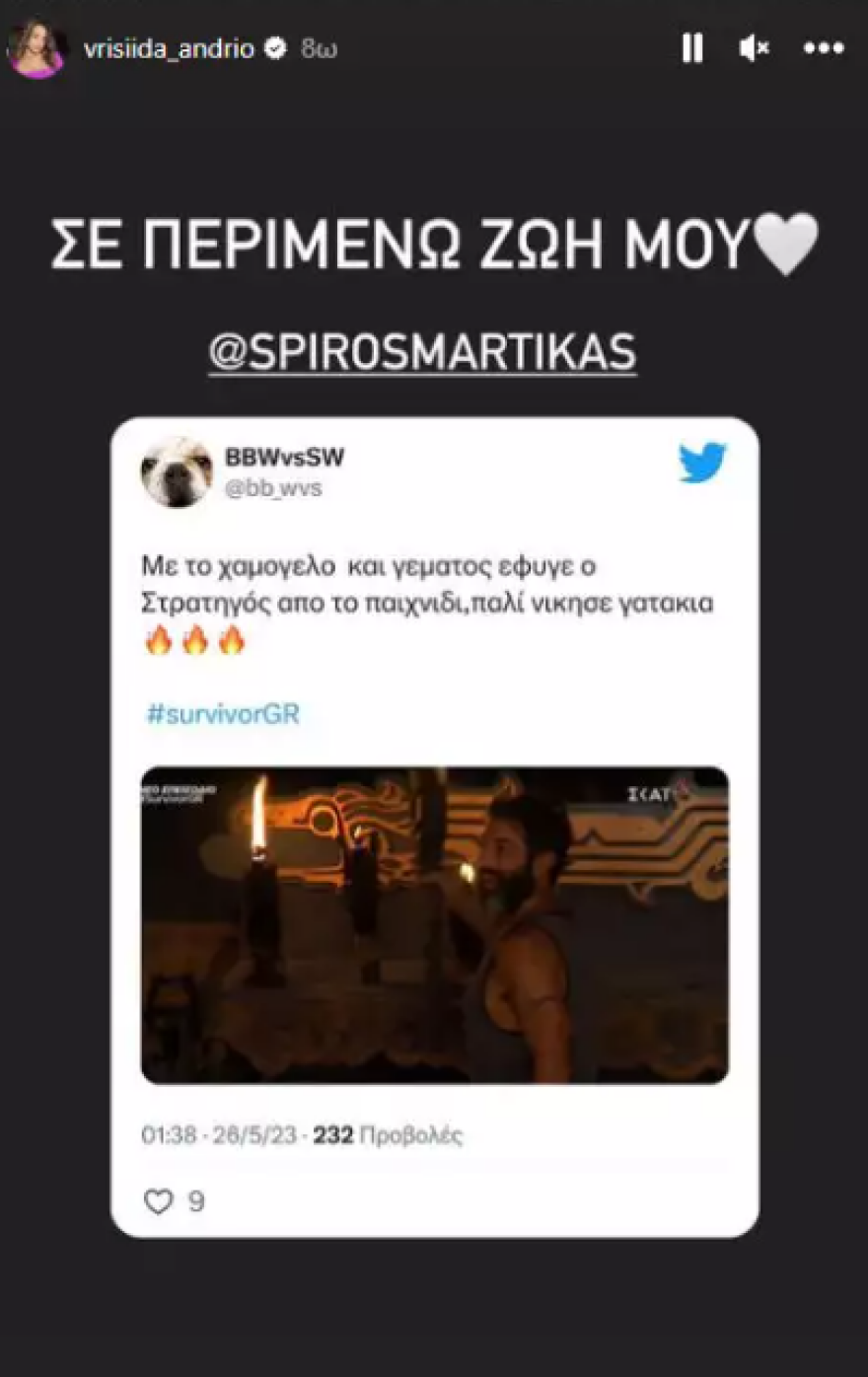 Βρισηίδα Ανδριώτου: Η ανάρτηση για την αποχώρηση του Μαρτίκα από το Survivor - «Σε περιμένω ζωή μου»