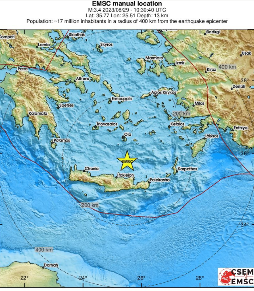 Σεισμός 3,4 Ρίχτερ στα ανοιχτά της Κρήτης, βόρεια του Ηρακλείου