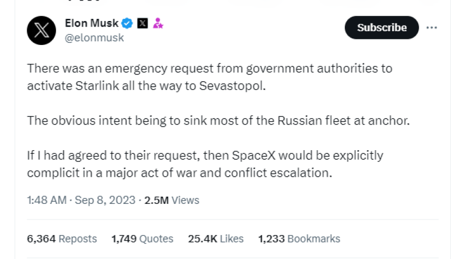 Ο Έλον Μασκ «εμπόδισε χτύπημα των Ουκρανών στον ρωσικό στόλο» επειδή φοβήθηκε πυρηνικά αντίποινα του Πούτιν