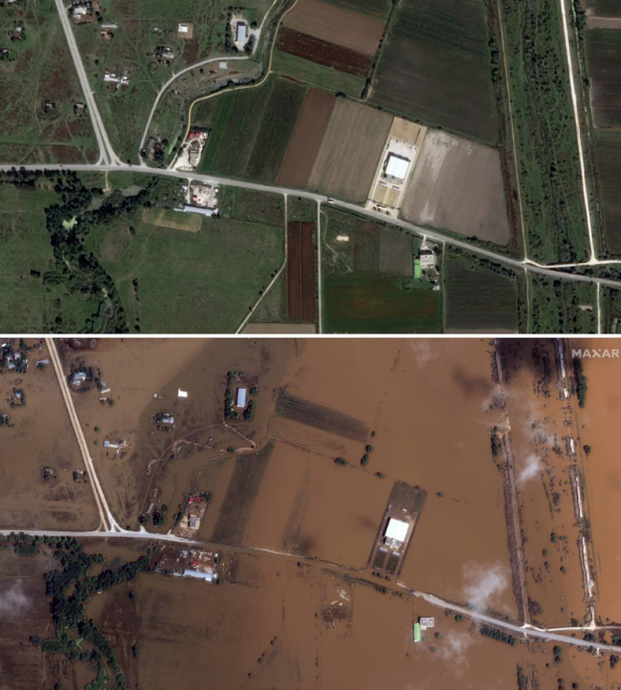 Φωτογραφίες από δορυφόρο: Η Καρδίτσα μια απέραντη λίμνη από λασπόνερα - Το πριν και το μετά