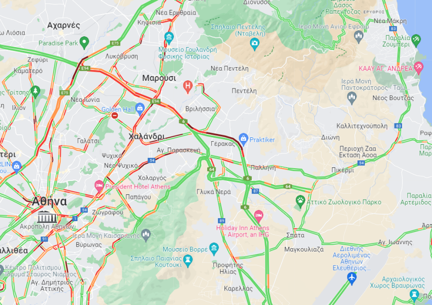 Κίνηση στους δρόμους: Μποτιλιαρισμένη η Αττικής Οδός - 25λεπτες καθυστερήσεις από Ανθούσα έως κόμβο Κύμης