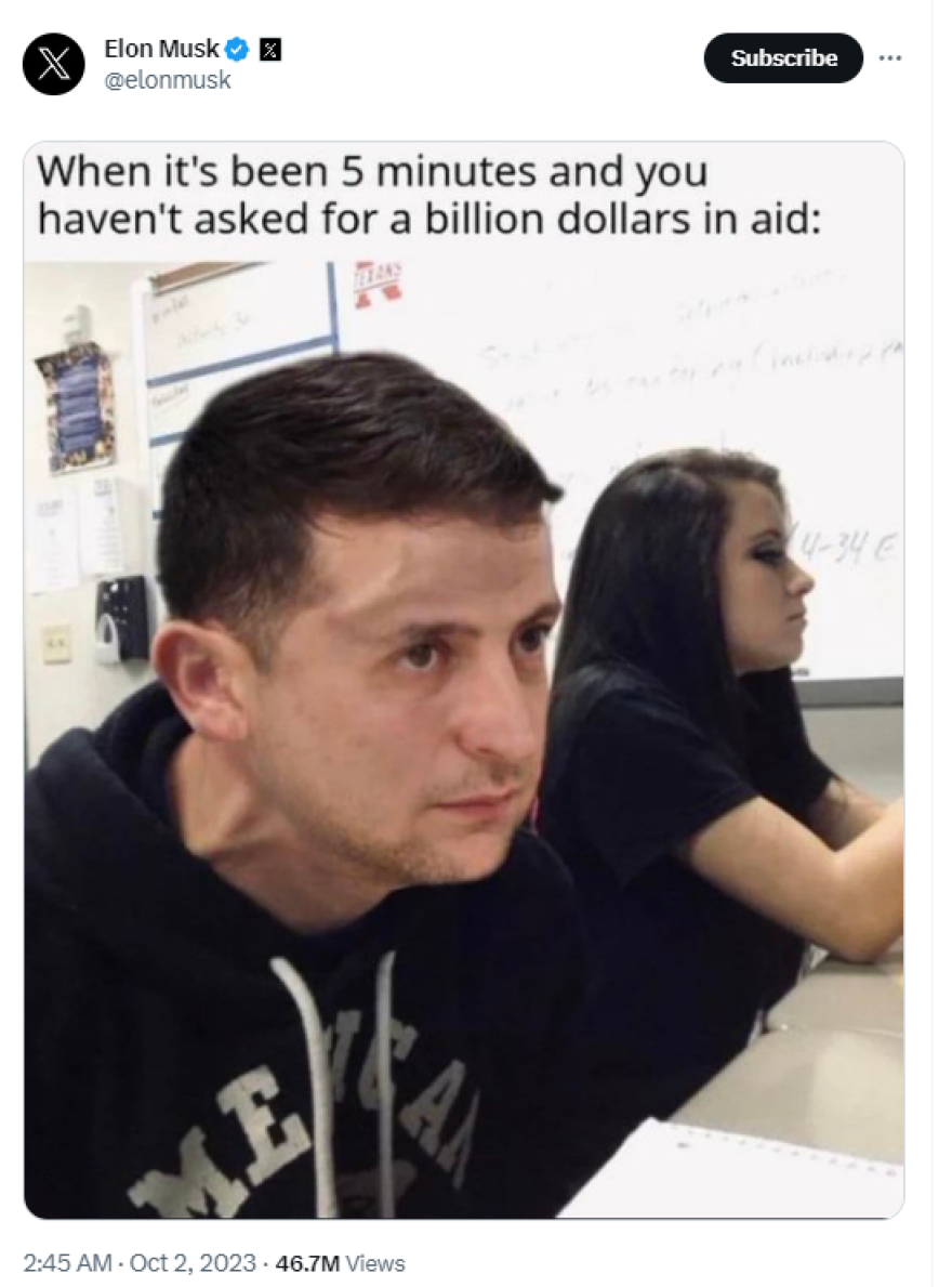 Twitter - Ο Μασκ κοροϊδεύει το Κίεβο ότι «ζητιανεύει» για λεφτά - «Διασπείρεις ρωσική προπαγάνδα» απαντά η Ουκρανία