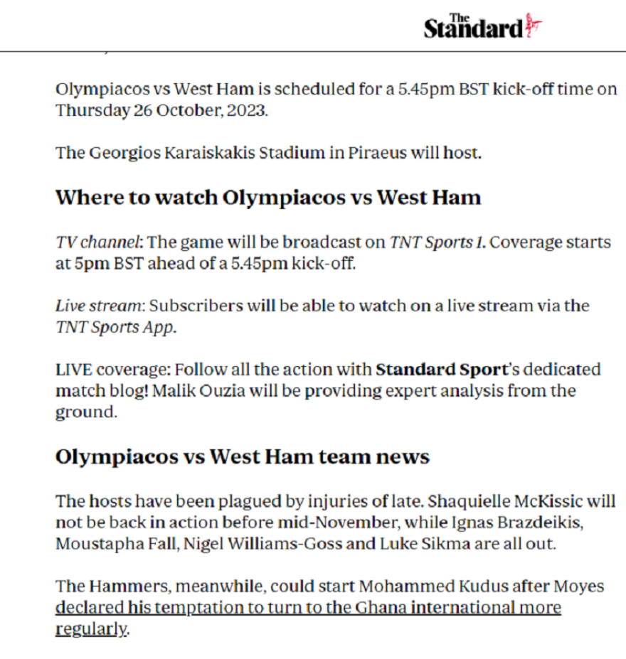 The Standard: «Ο Ολυμπιακός θα παίξει με τη Γουέστ Χαμ χωρίς τους... ΜακΚίσικ, Φαλ, Γκος και Σίκμα»