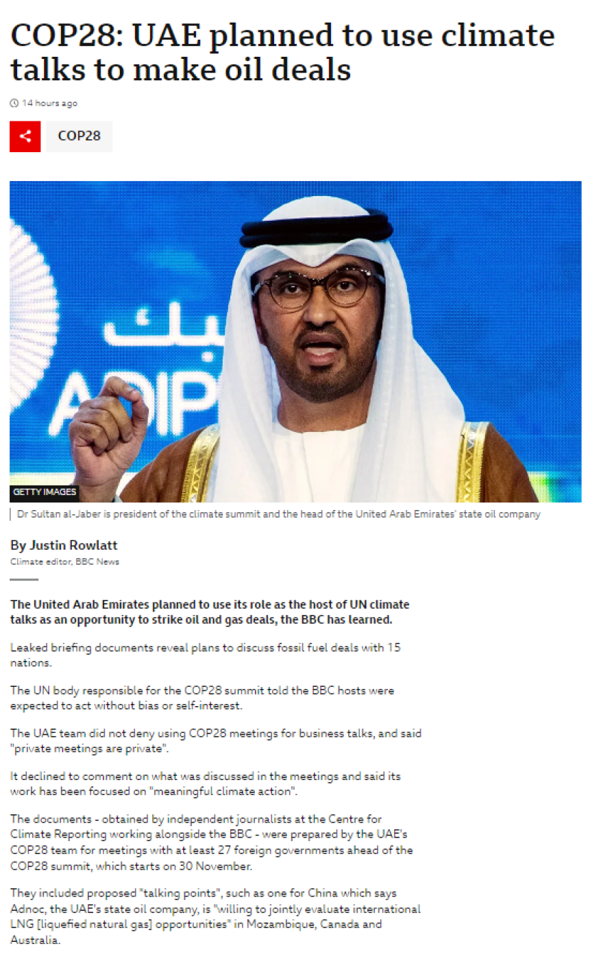 Αποκάλυψη BBC: Ο πρόεδρος της COP28 για το κλίμα ήθελε να συνάψει συμφωνίες για ορυκτά καύσιμα