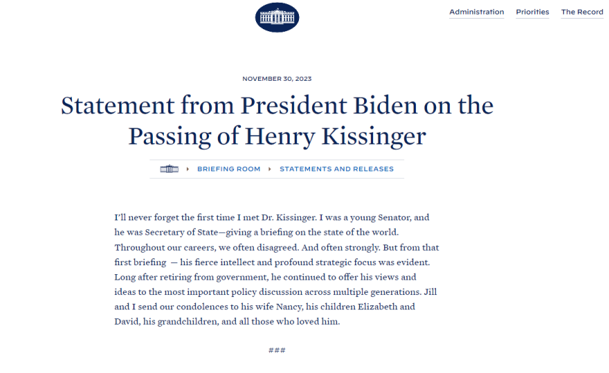 Μπάιντεν: «Παρά τις βαθιές διαφωνίες μας εξαίρω την οξεία διάνοια του Χένρι Κίσινγκερ»