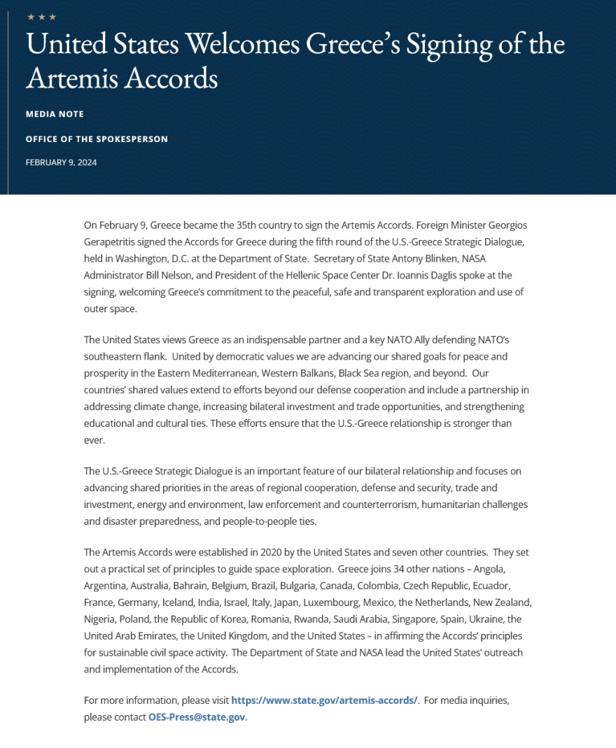 Το Στέιτ Ντιπάρτμεντ για την ένταξη της Ελλάδας στις συμφωνίες «Artemis»: Οι ΗΠΑ θεωρούν την Ελλάδα απαραίτητο εταίρο και βασικό σύμμαχο