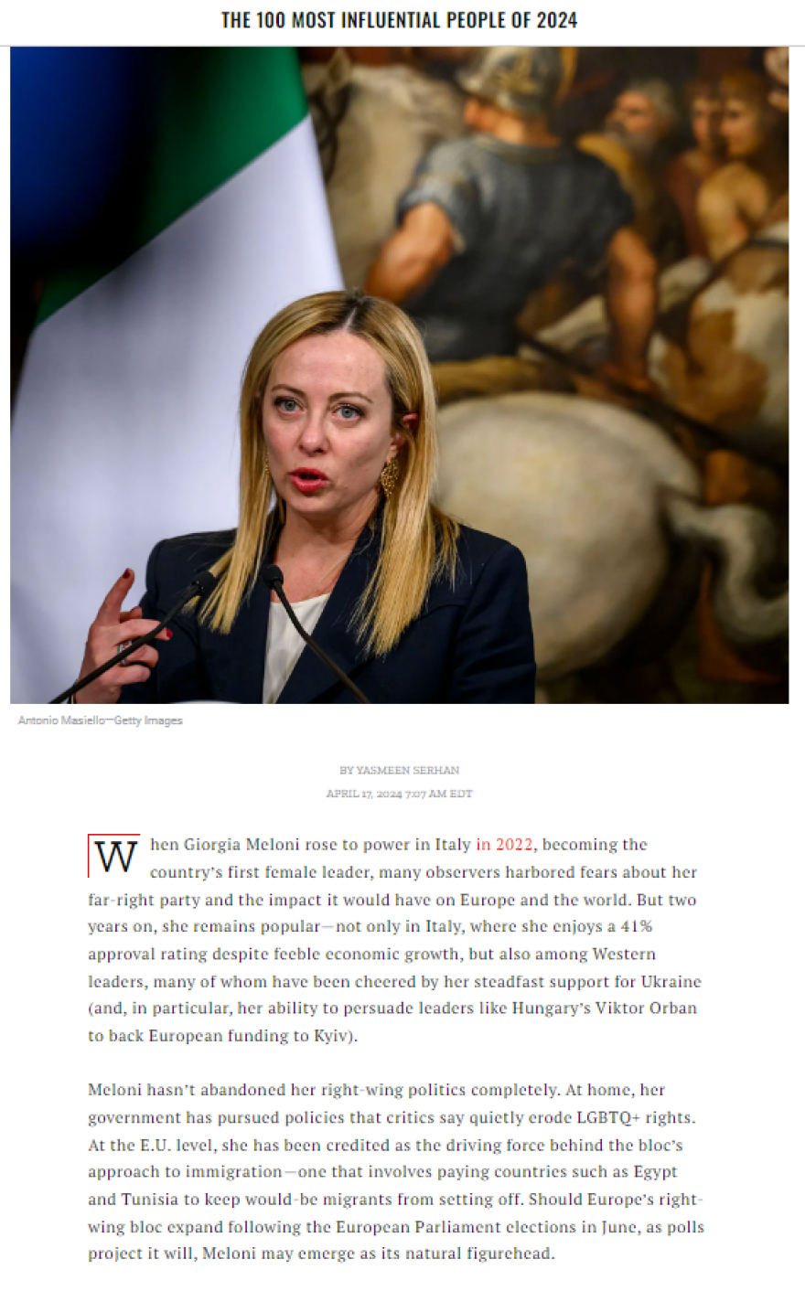 Time: Η Τζόρτζια Μελόνι στις 100 προσωπικότητες του πλανήτη με μεγαλύτερη επιρροή 