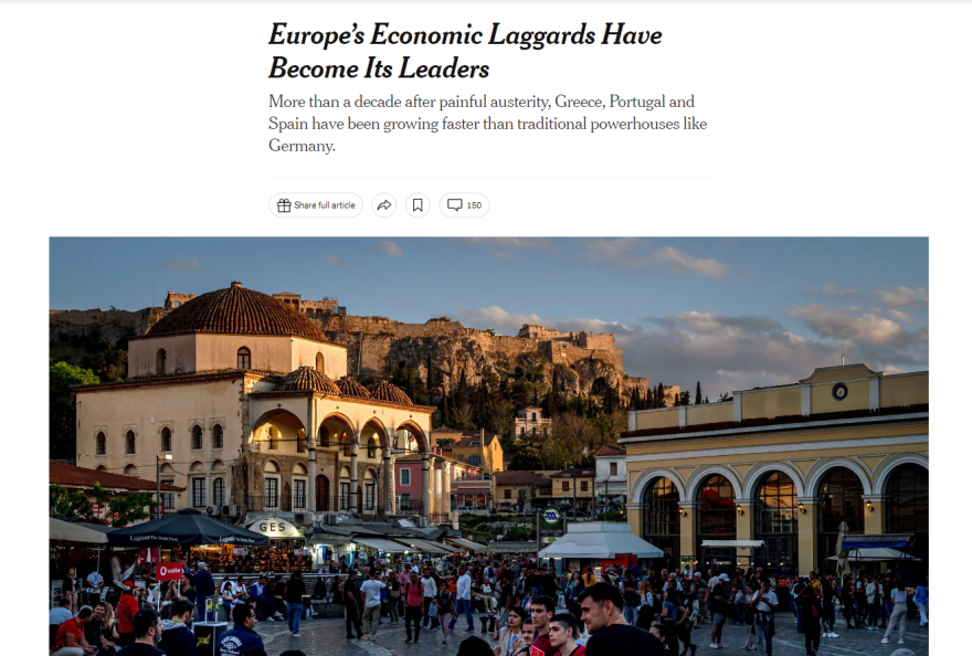 New York Times: Πώς Ελλάδα, Ισπανία και Πορτογαλία έγιναν ηγέτες της ανάπτυξης στην Ευρωζώνη