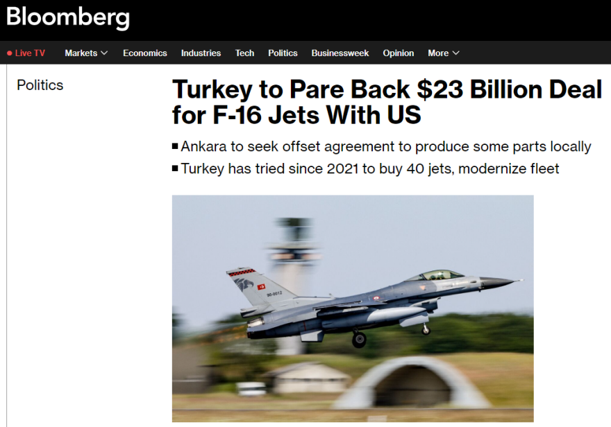Τουρκία: Θέλει να μειώσει τη συμφωνία των $23 δισ. για τον εκσυγχρονισμό των F-16 λόγω οικονομικής στενότητας, λέει το Bloomberg