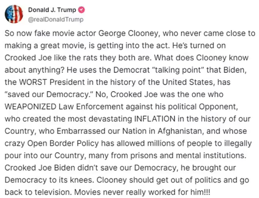 Ντόναλντ Τραμπ: Ο Κλούνεϊ πρέπει να φύγει από την πολιτική και να επιστρέψει στην τηλεόραση