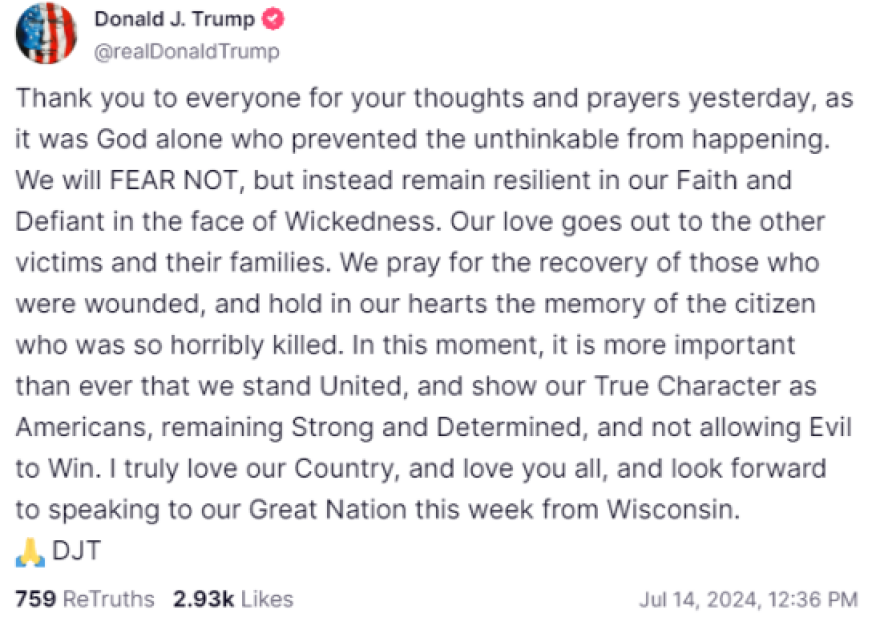 Απόπειρα δολοφονίας Τραμπ: Νέα δήλωση του πρώην προέδρου - «Παραμείνετε ενωμένοι, θα διατηρήσουμε την πίστη μας, αγαπώ τη χώρα μας»