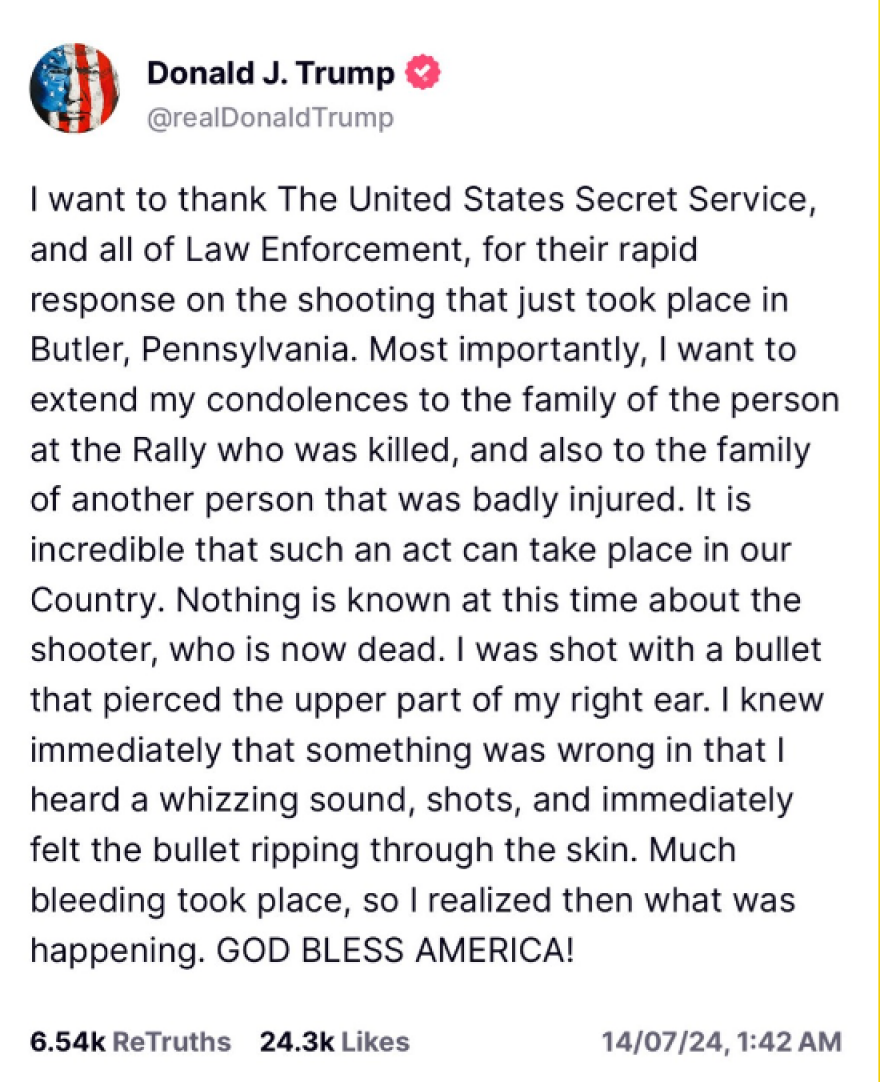 Απόπειρα δολοφονίας Τραμπ: «Χτυπήθηκα στο δεξί αυτί, ένιωσα τη σφαίρα να σκίζει το δέρμα»