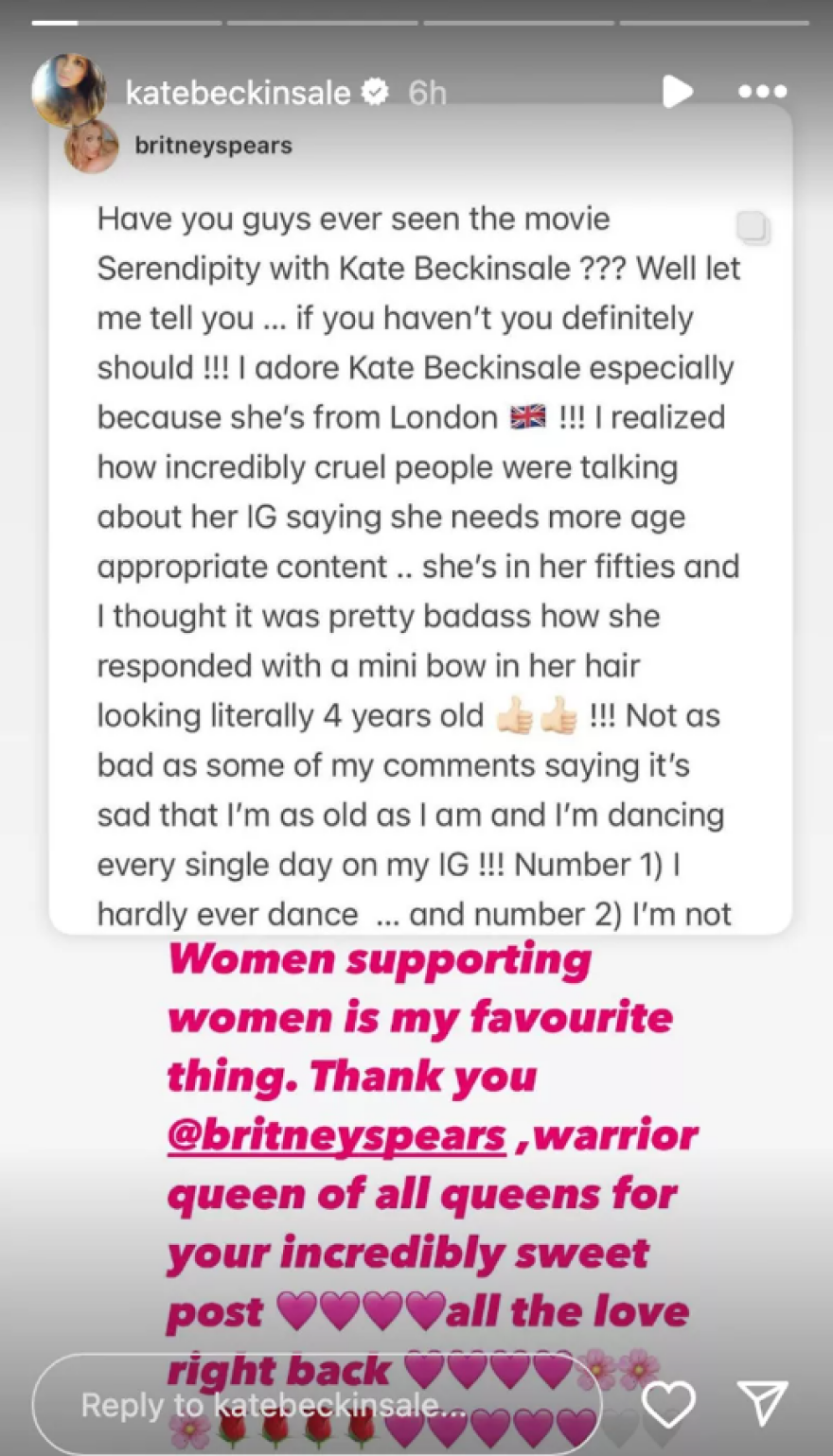 Κέιτ Μπέκινσεϊλ: Ευχαρίστησε τη «βασίλισσα» Μπρίτνεϊ Σπίαρς για την υπεράσπισή της απέναντι σε αρνητικά σχόλια