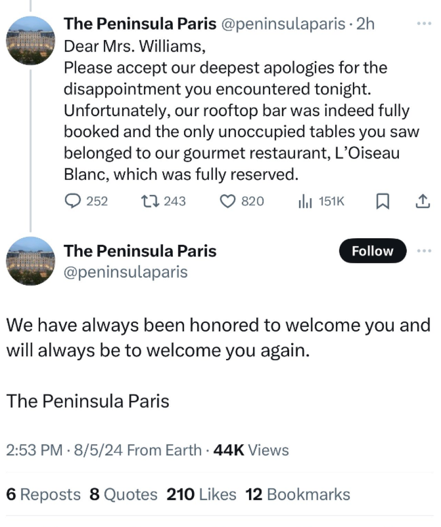 Σερένα Γουίλιαμς: Ξενοδοχείο στο Παρίσι «έδιωξε» την τενίστρια - Μου αρνήθηκαν την πρόσβαση στο άδειο εστιατόριο, λέει