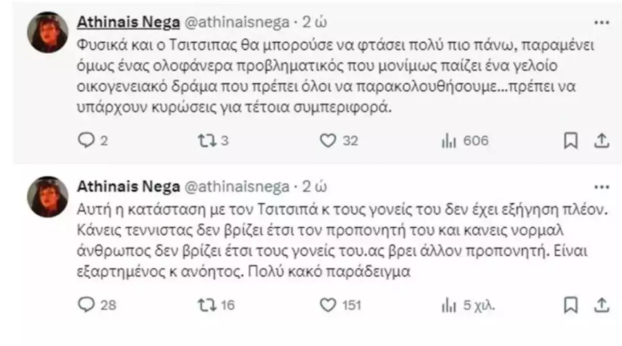 Νέγκα για Τσιτσιπά: Παραμένει ένας ολοφάνερα προβληματικός που μονίμως παίζει ένα γελοίο οικογενειακό δράμα