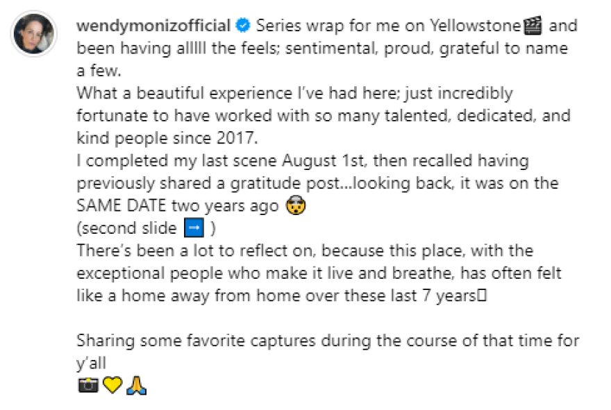  Γουέντι Μονίζ: Αποχαιρετά το Yellowstone - Είμαι απίστευτα τυχερή, αναφέρει