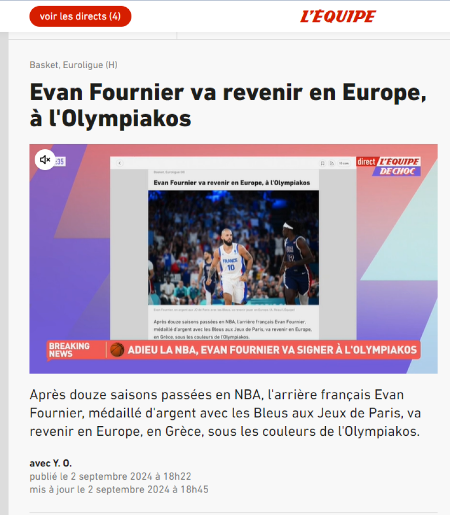 L' Equipe: Παίκτης του Ολυμπιακού ο Εβάν Φουρνιέ