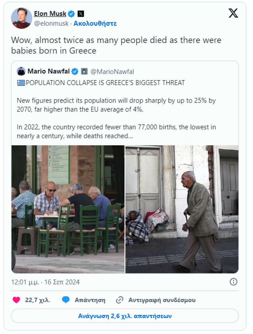 Έλον Μασκ: Νέα ανάρτηση για την υπογεννητικότητα στην Ελλάδα - «Σχεδόν διπλάσιοι οι θάνατοι από τις γεννήσεις»