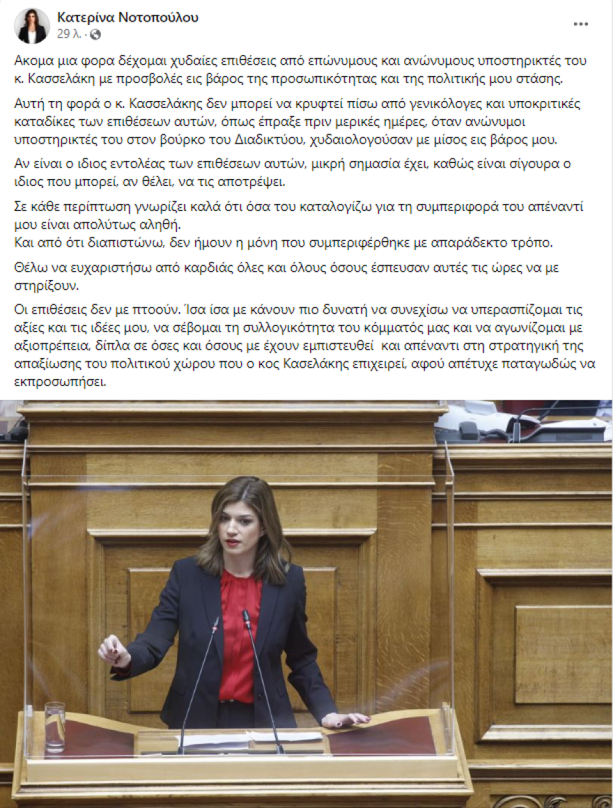 Νοτοπούλου: Δέχομαι χυδαίες επιθέσεις από οπαδούς του Κασσελάκη - Να μην κρυφτεί πίσω από υποκριτικές καταδίκες