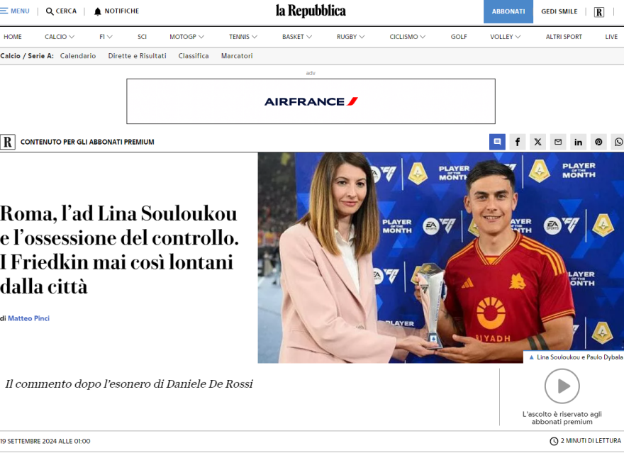 Repubblica: Η Λίνα Σουλούκου στο επίκεντρο της ρήξης της Ρόμα με τον Ντε Ρόσι