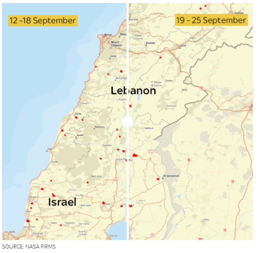 Σε δορυφορικές εικόνες της NASA χτυπήματα στον Λίβανο - Χάρτης με τις ισραηλινές προειδοποιήσεις για πυραυλικές επιθέσεις 