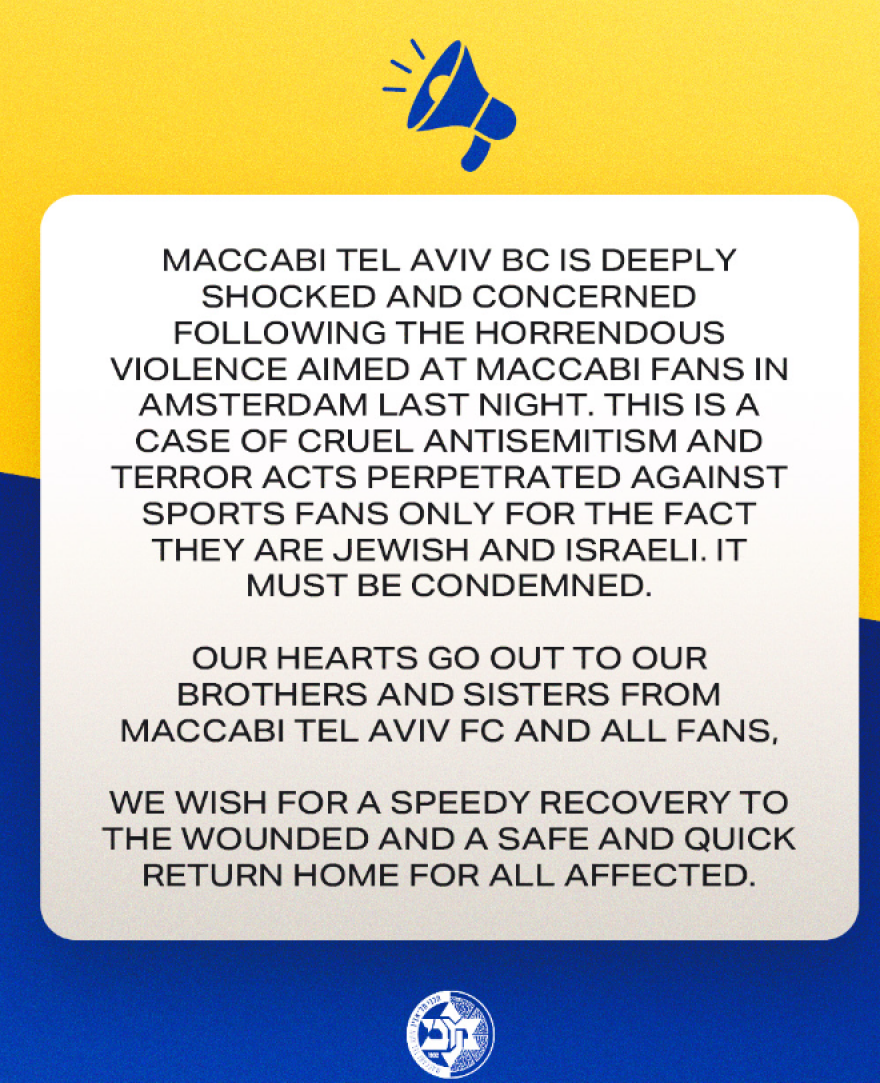 Επεισόδια στο Άμστερνταμ: «Μία υπόθεση σκληρού αντισημιτισμού», ανέφερε σε ανακοίνωσή της η μπασκετική Μακάμπι 