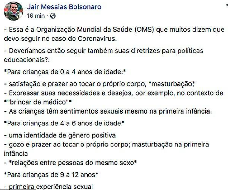 Κορωνοϊός - Μπολσονάρου: Ο Παγκόσμιος Οργανισμός Υγείας ωθεί τα παιδιά στην ομοφυλοφιλία
