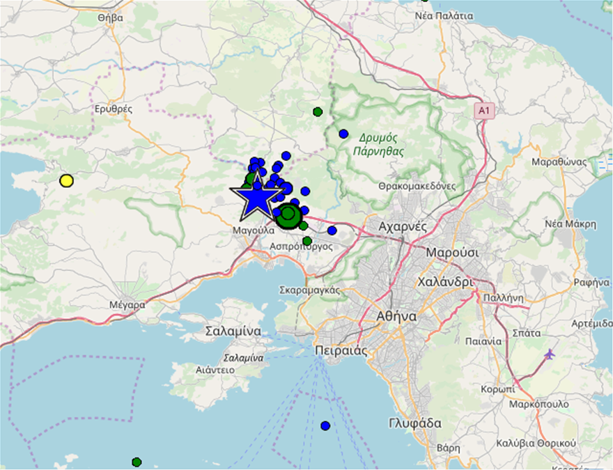 Σεισμός στην Αθήνα: Στους 49 οι μετασεισμοί μετά τα 5,1 Ρίχτερ Metaseismoi_map