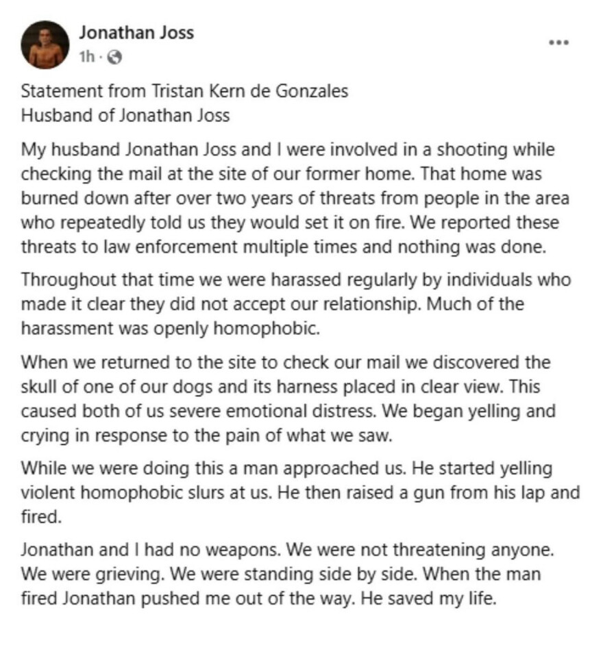 Τζόναθαν Τζος: Ο σύζυγός του «σπάει» τη σιωπή του για το ομοφοβικό έγκλημα - «Μας πυροβόλησαν ενώ πενθούσαμε»