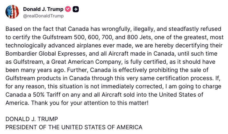 Οι ΗΠΑ αφαιρούν τη πιστοποίηση των καναδικών αεροσκαφών Bombardier, με δασμούς απειλεί ο Τραμπ