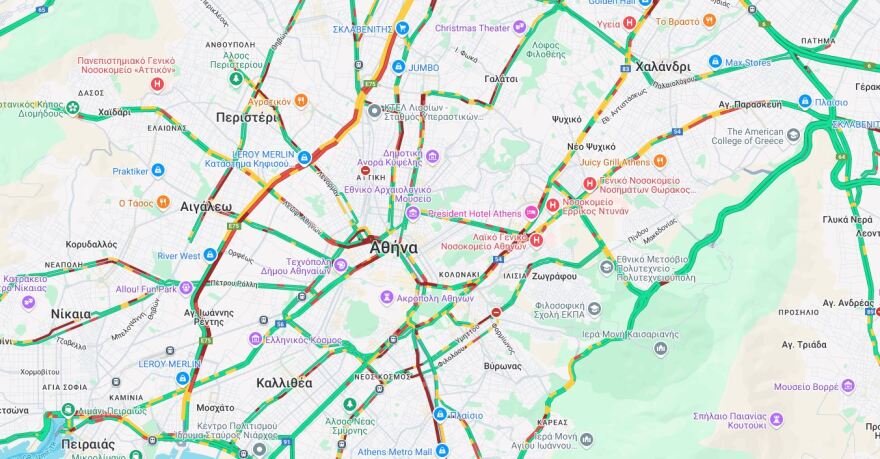 Στο «κόκκινο» οι δρόμοι στην Αθήνα - Δείτε πού υπάρχουν μεγάλες δυσκολίες στην κίνηση, αναλυτικά οι καθυστερήσεις